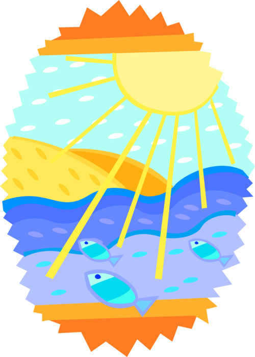 Vector Illustration of Fish Swimming in Ocean with Sunshine