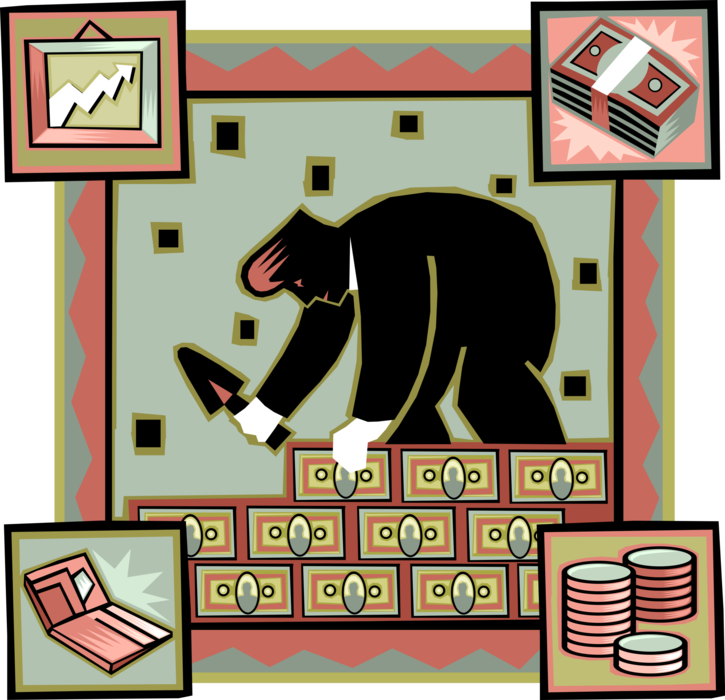 Vector Illustration of Businessman Mason Bricklayer Building Wall of Cash Money Bricks