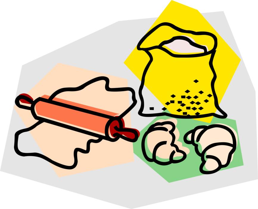 Vector Illustration of Baking Rolling Pin and Dough with Flour and Pastry Croissants