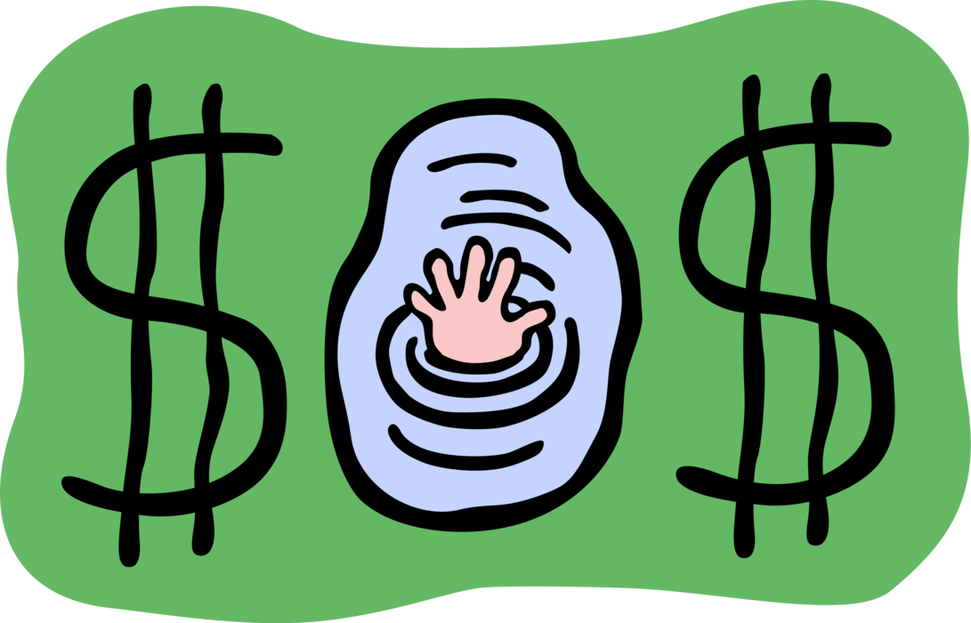 Vector Illustration of Dollar Bill SOS with Drowning Hand Above Water