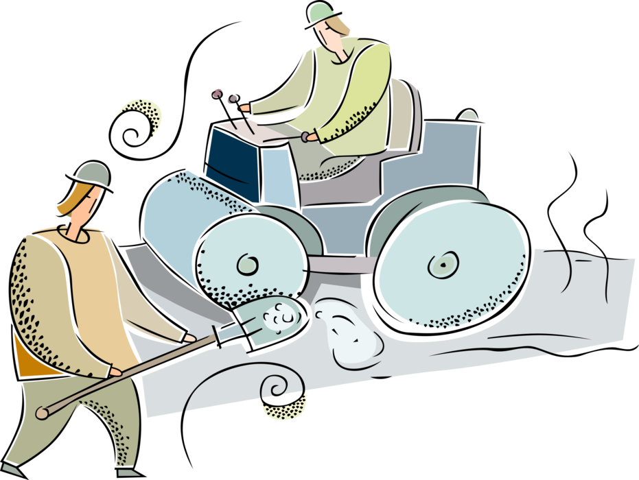 Vector Illustration of Road or Highway Paving Crew with Steamroller or Steam Roller