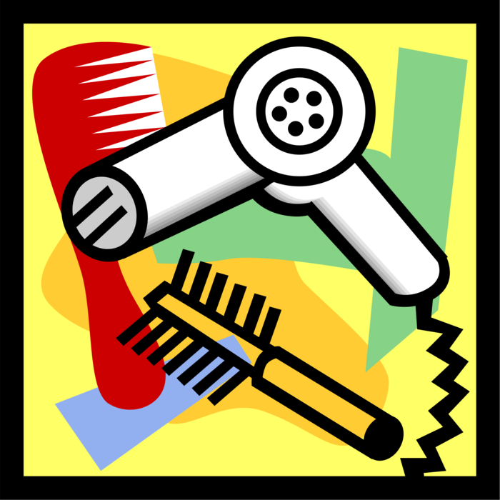 Vector Illustration of Personal Grooming Blow Dryer, Comb and Hairbrush