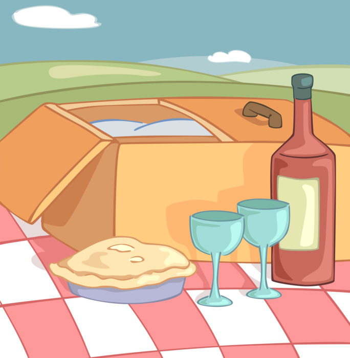 Vector Illustration of Picnic Basket or Picnic Hamper Holds Food with Wine and Dessert Pie