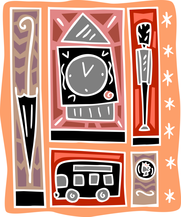 Vector Illustration of Big Ben Clock with Umbrella, Double-Decker Toutist Tour Bus and British Queen's Palace Guard