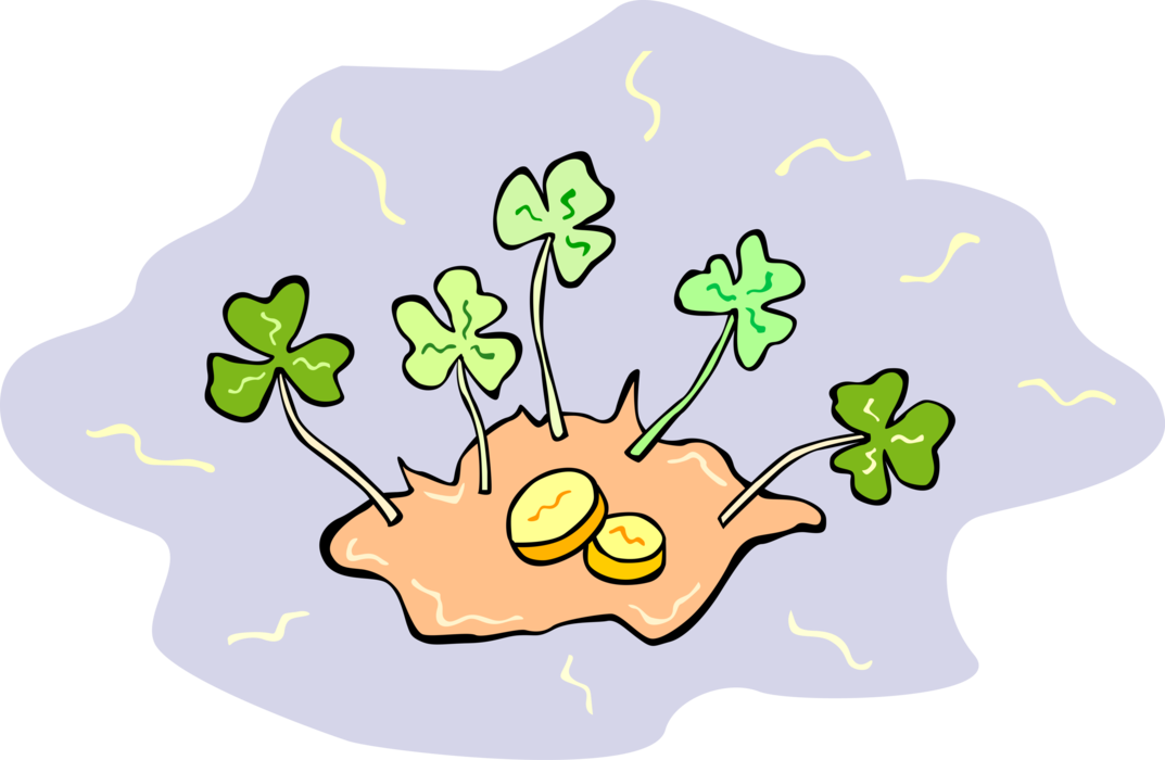 Vector Illustration of St Patrick's Day Four-Leaf Clover Irish Shamrock Brings, Faith, Hope, Love, and Good Luck with Gold Coins