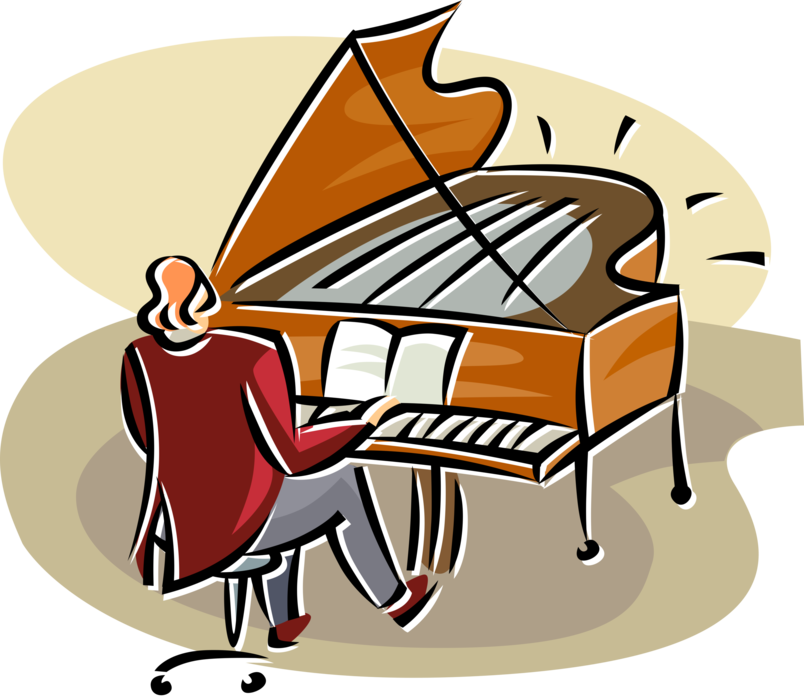 Vector Illustration of Concert Pianist Musician Plays Grand Piano Keyboard Musical Instrument