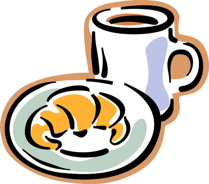 Vector Illustration of Freshly Baked Flaky, Viennoiserie-Pastry Croissant with Cup of Coffee