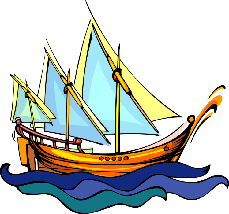 Vector Illustration of Tall Ship Traditionally-Rigged Sailboat Sailing Ship on High Seas