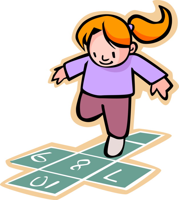 Vector Illustration of Primary or Elementary School Student Girl Playing Hopscotch at Recess