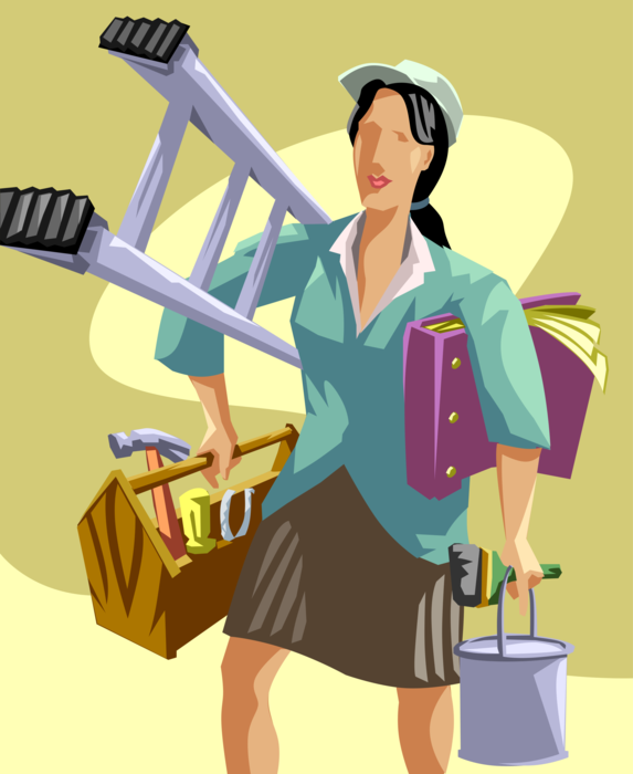Vector Illustration of Home Renovation and Decoration Specialist Multitasks with Tools, Ladder and Paint