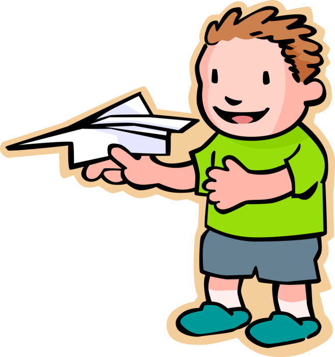 Vector Illustration of Primary or Elementary School Student Boy with Paper Airplane Toy