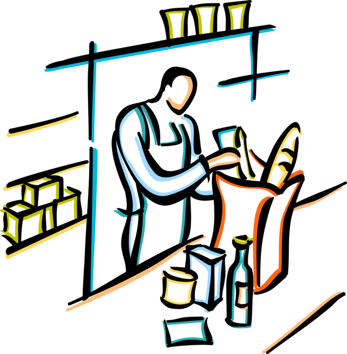 Vector Illustration of Supermarket Grocery Clerk Bagging Food Groceries at Store Checkout