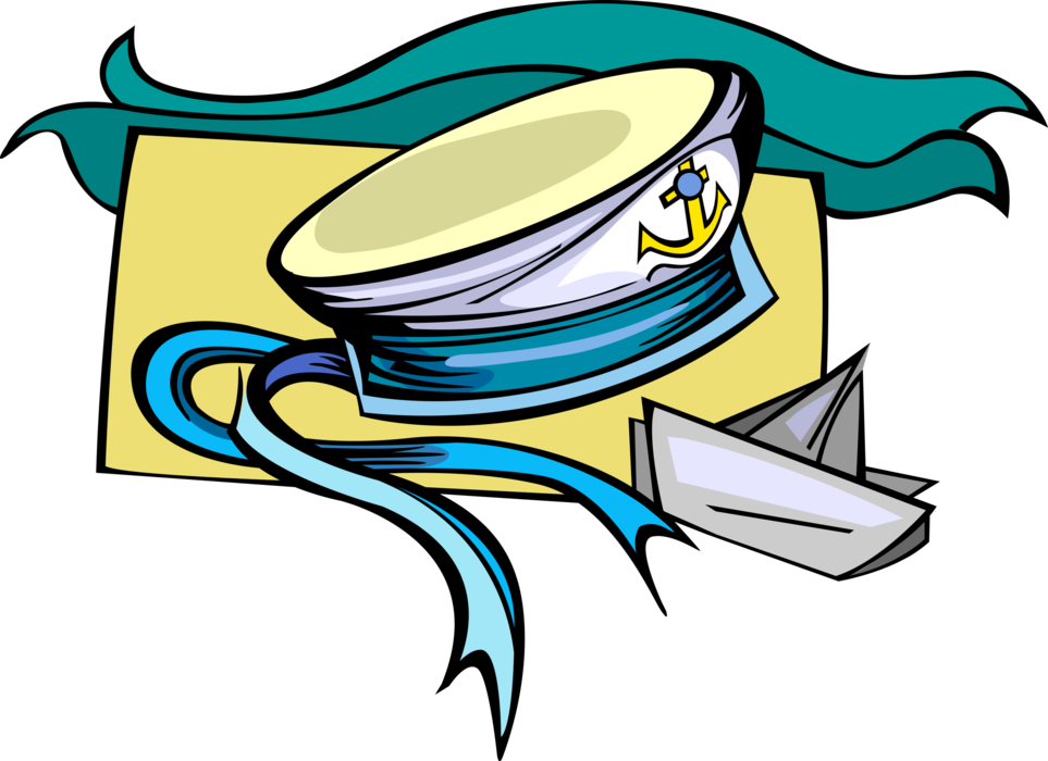 Vector Illustration of Seafaring Maritime Sailor's Naval Hat with Anchor and Paper Boat