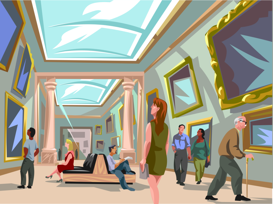 Vector Illustration of Art Lovers View Famous Fine Arts Works of Art in Louvre Museum, Paris, France