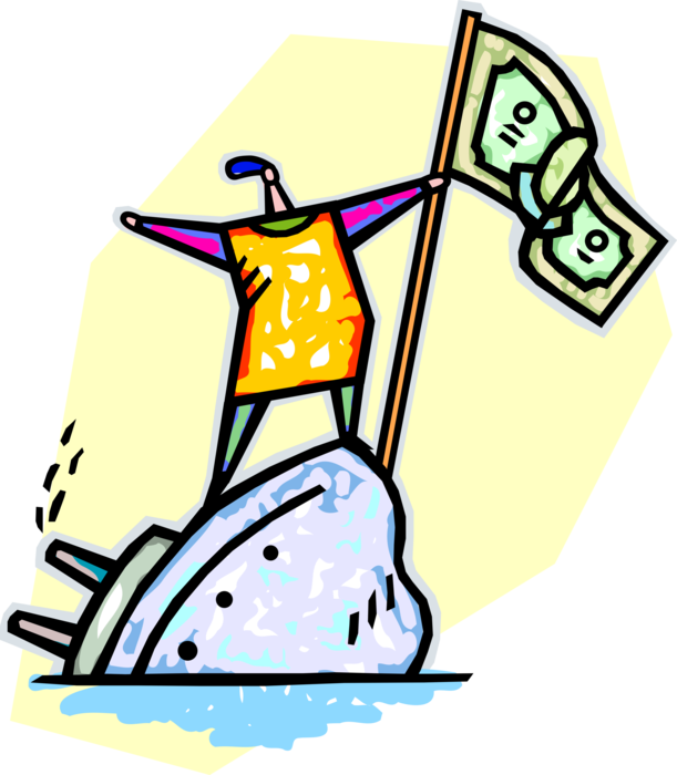 Vector Illustration of Businessman Sinking Ship of Finance with Cash Money Dollar Bill Flag