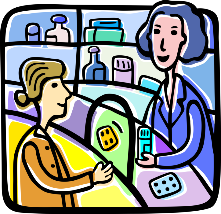 Vector Illustration of Pharmacy Drug Store Pharmacist Dispensing Prescription Medicine Pills