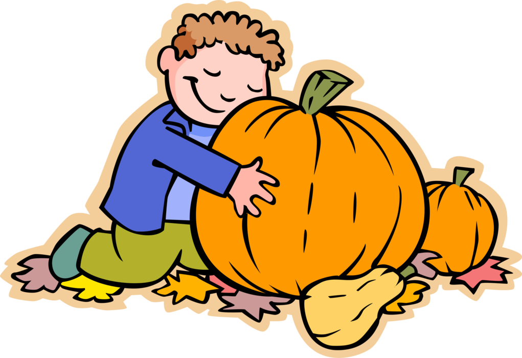 Vector Illustration of Primary or Elementary School Student Boy in Pumpkin Patch Selects Halloween Jack-o-Lantern