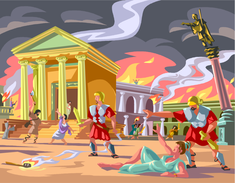 Vector Illustration of Roman Emperor Nero Responsible for The Great Fire of Rome in 64 AD