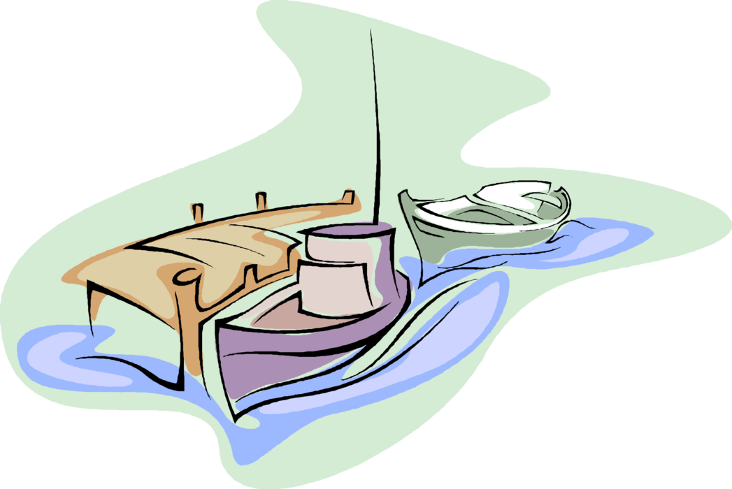 Vector Illustration of Fishing Boats and Pier Dock