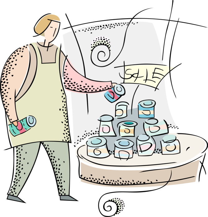 Vector Illustration of Supermarket Grocery Store Clerk Makes Sales Display of Food in Canned Goods