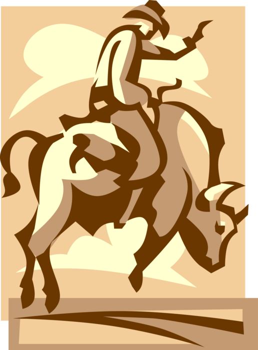 Vector Illustration of Rodeo Cowboy Rides Bronco Bull in Competition