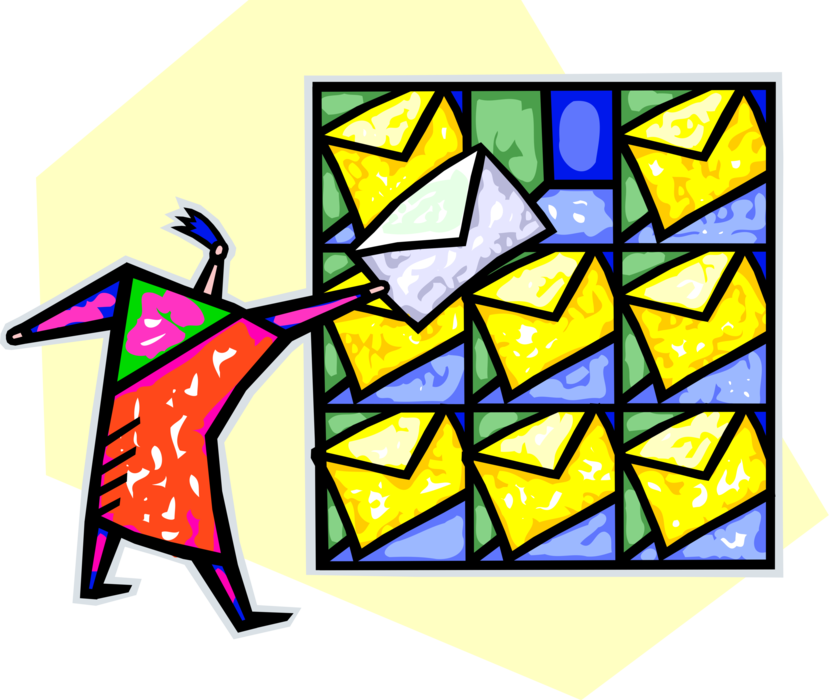 Vector Illustration of Postal Worker Mailman Delivers Letter Envelopes in Mailboxes