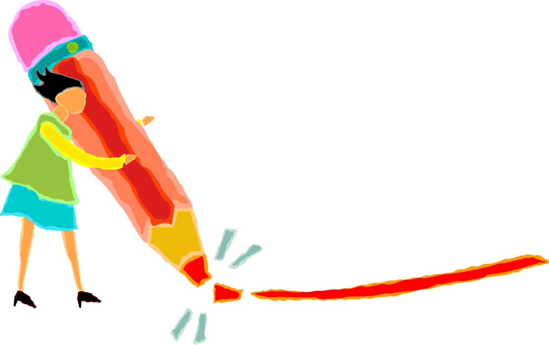 Vector Illustration of Woman with Pencil Writing Instrument with Broken Lead Point