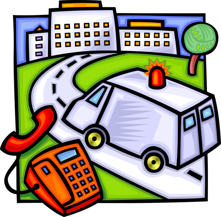 Vector Illustration of Paramedic Service Emergency Ambulance Vehicle Rushing to Hospital
