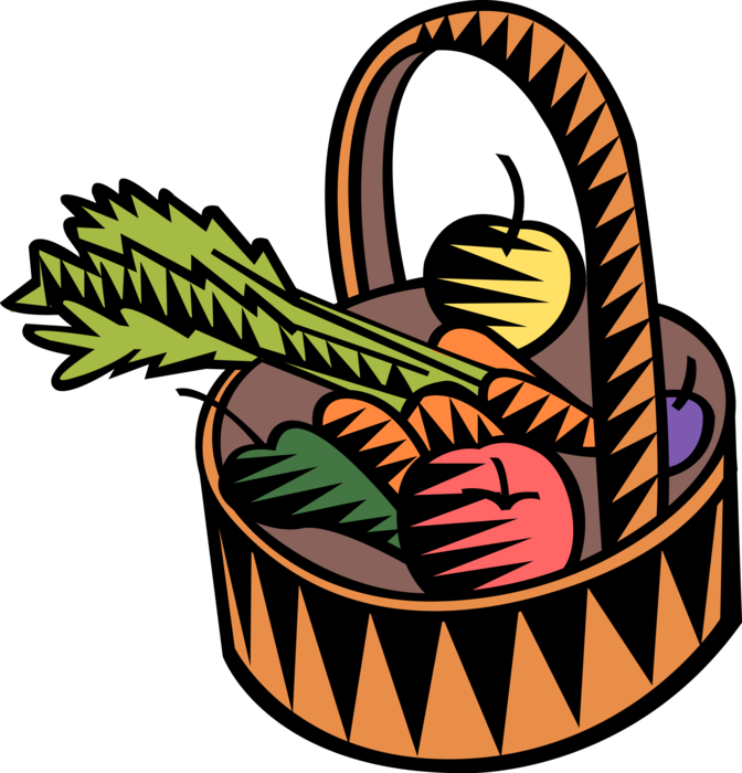 Vector Illustration of Wicker Basket of Garden Vegetables with Carrots and Tomatoes