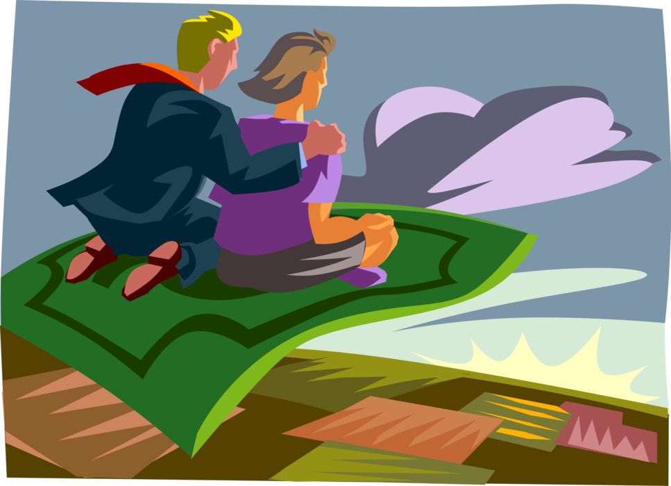 Vector Illustration of Business Colleagues Ride Magic Carpet with Sun on Horizon