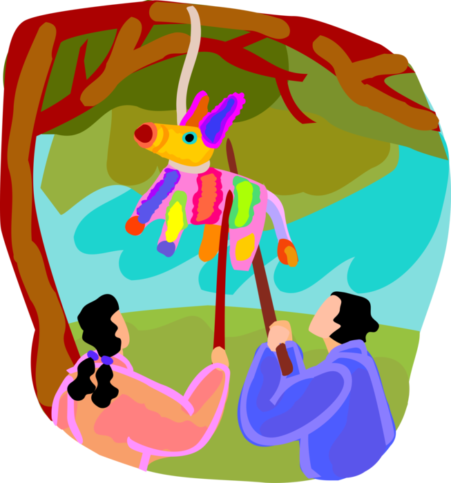 Vector Illustration of Children Hitting Papier-Mâché Piñata Pinata Filled with Small Toys or Candy with Sticks