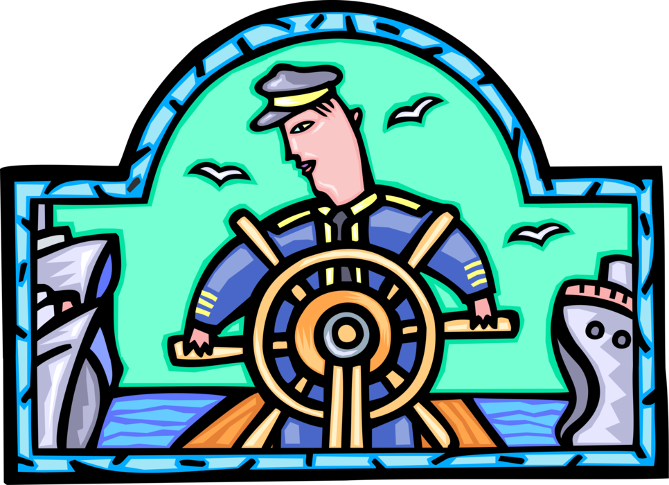 Vector Illustration of Maritime Captain Steering His Ship with Ship's Helm Wheel