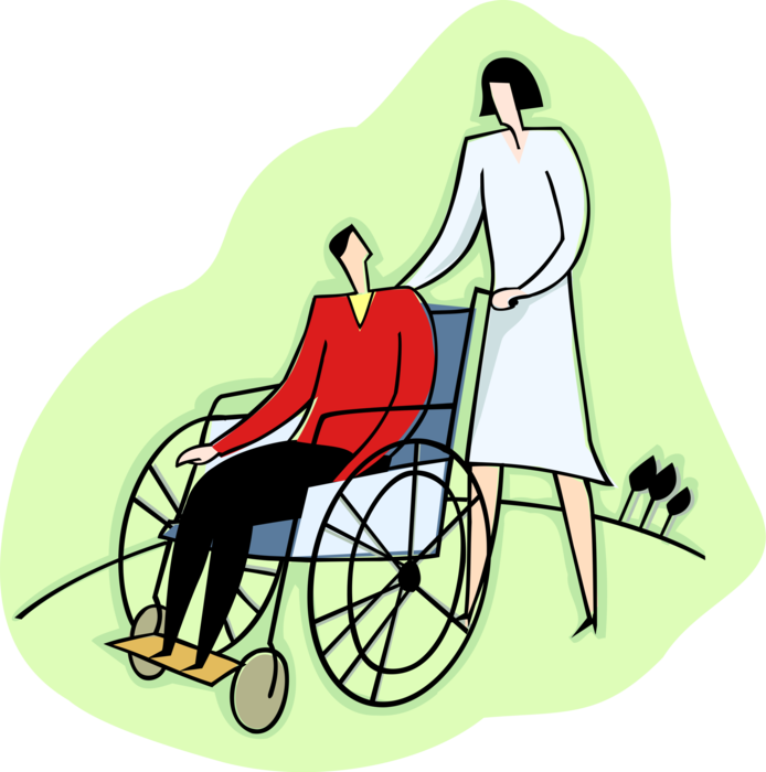 Vector Illustration of Health Care Nurse Pushing Male Patient in Wheelchair