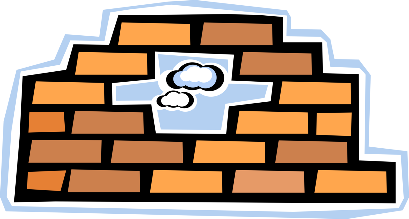 Vector Illustration of Masonry Brick Wall with Hole and Clouds