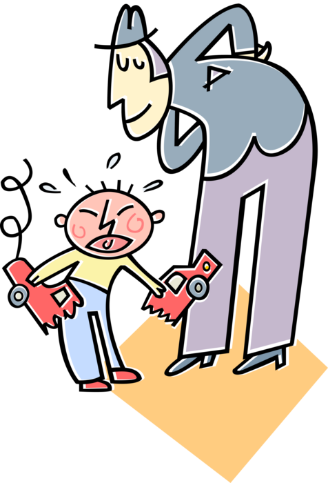 Vector Illustration of Spoiled Child with Broken Toy Automobile Car as Father Looks On