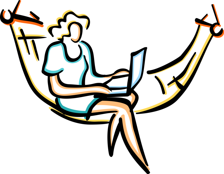 Vector Illustration of Sitting in Hammock Outdoors Working on Laptop Computer