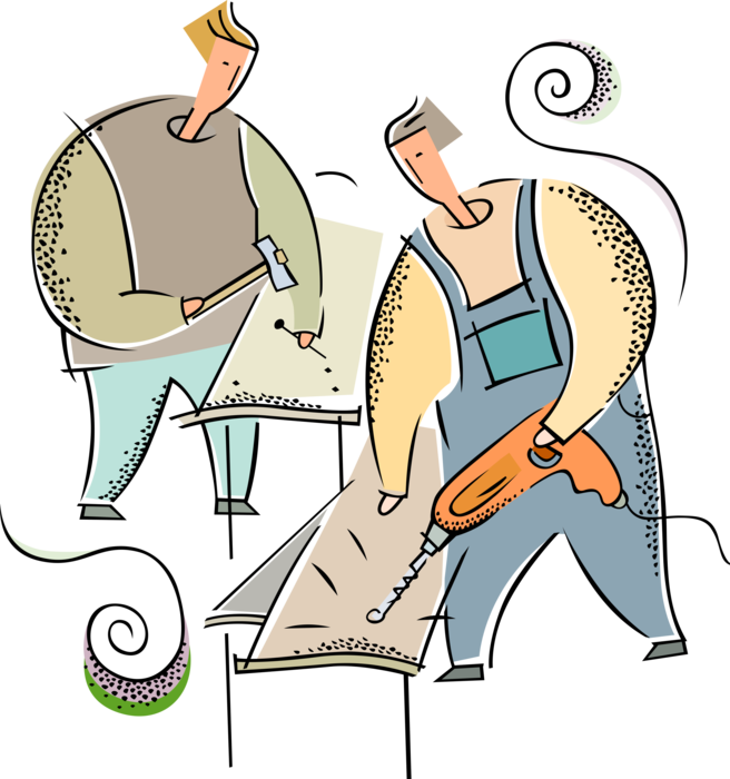 Vector Illustration of Woodworking and Carpentry Carpenters Hammering Nails and Drilling Holes in Lumber