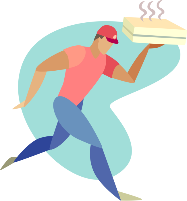 Vector Illustration of Fast Food Pizza Delivery Man Runs to Deliver Piping Hot Pizza