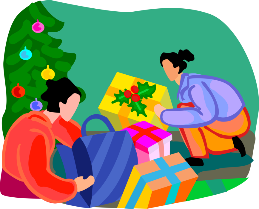 Vector Illustration of Family Opening Gifts and Presents on Christmas Morning