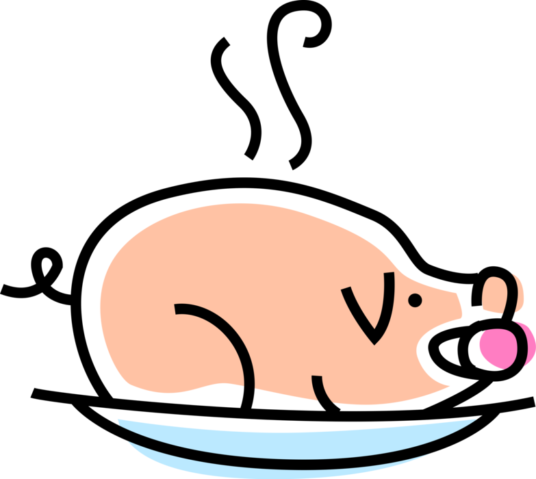 Vector Illustration of Roast Pork Dinner Pig on Tray with Apple Fruit