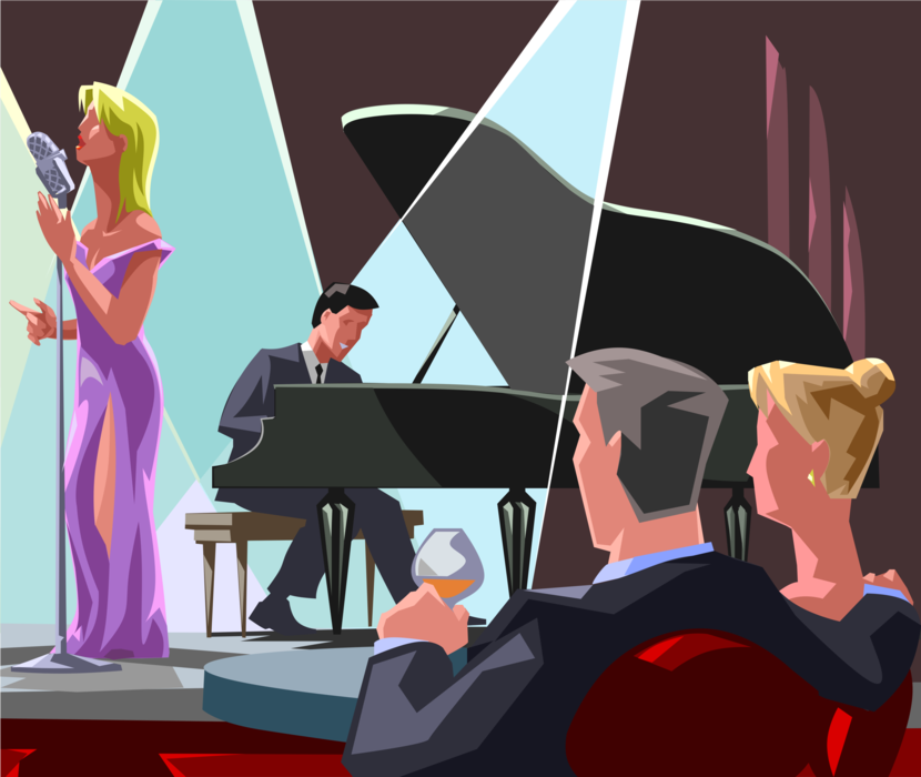 Vector Illustration of Lounge Singer in Piano Bar Sings with Pianist Accompaniment on Grand Piano