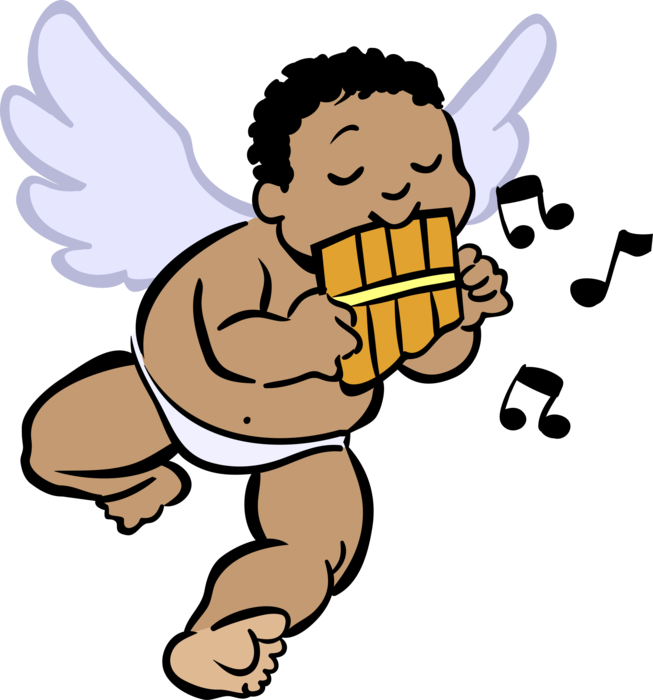Vector Illustration of Winged Cupid Angel God of Desire and Erotic Love Plays Pan Flute