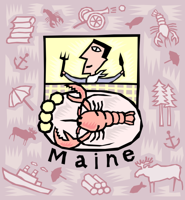 Vector Illustration of State of Maine Postcard Design with the Best Cold Water Lobster Shellfish