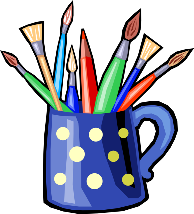 Vector Illustration of Colored Pencil Writing Instruments and Paintbrushes in Coffee Mug Cup