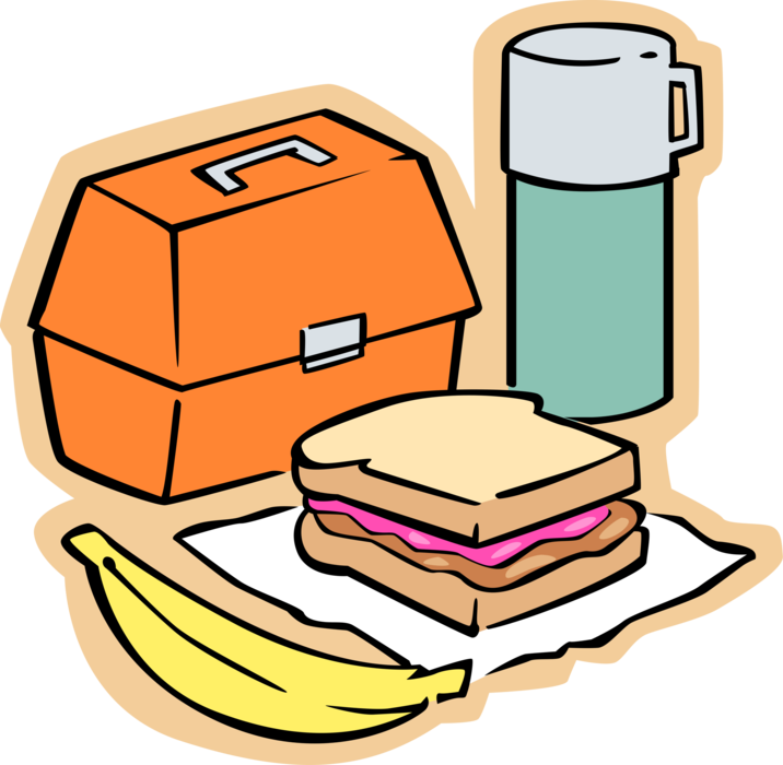 Vector Illustration of Student's School Lunch Meal with Sandwich, Thermos, Banana and Lunchbox