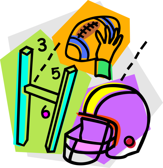 Vector Illustration of Football Game Ball with Field Goal Posts and Helmet