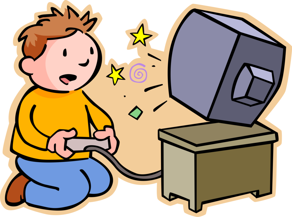 Vector Illustration of Primary or Elementary School Student Boy Plays Video Game