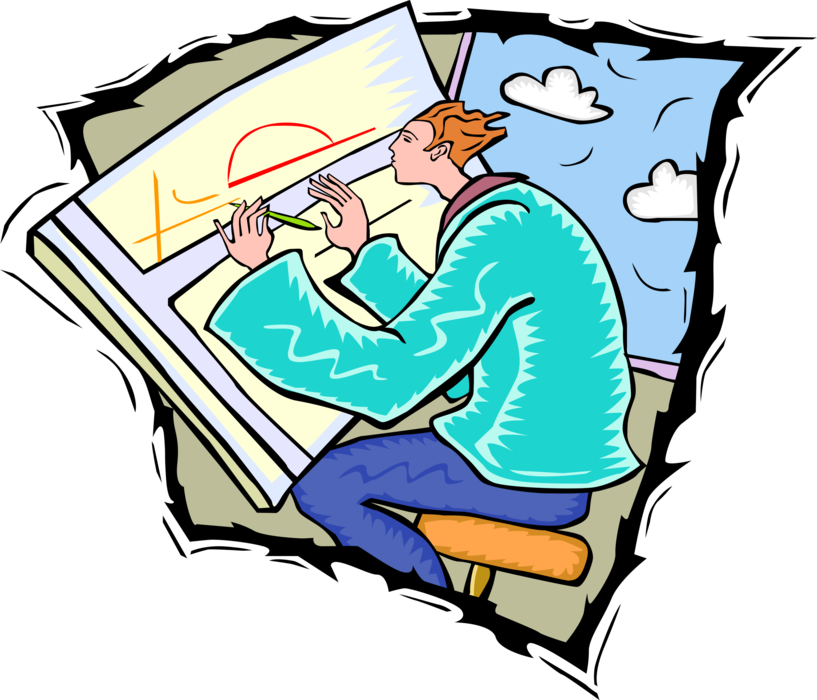 Vector Illustration of Draftsman or Draughtsman Prepares Technical Drawings at Drafting Table