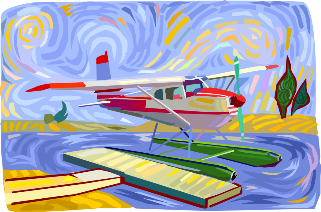 Vector Illustration of Floatplane or Float Plane Seaplane with Pontoons Providing Buoyancy