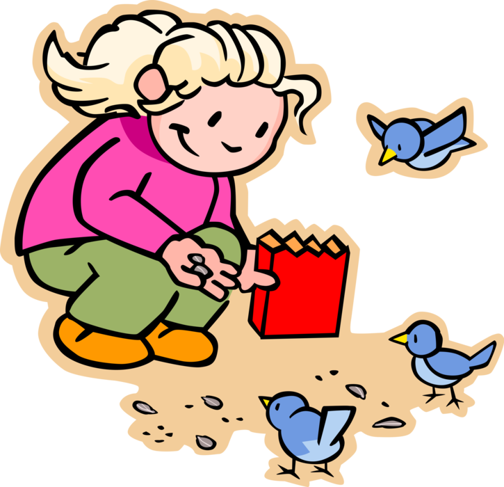 Vector Illustration of Primary or Elementary School Student Girl Feeding the Birds with Seeds